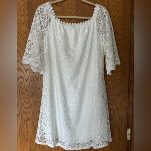 White Lace Dress with Flutter Sleeves and Off-the-Shoulder Neckline